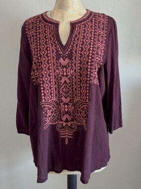 PURE JILL J JILL Embroidered 3/4 Sleeve Top Blouse L